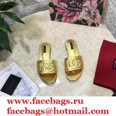 Dolce  &  Gabbana Calfskin Flat Sliders Gold With DG Millennials Logo 2021
